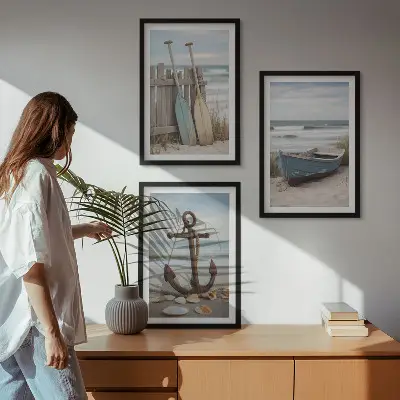 Gerahmtes Bilderset mit Strand Boot und Anker Motiv in Sandfarben