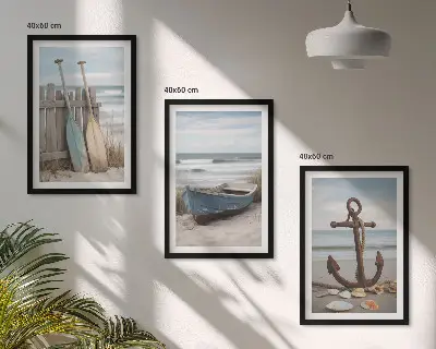 Gerahmtes Bilderset mit Strand Boot und Anker Motiv in Sandfarben