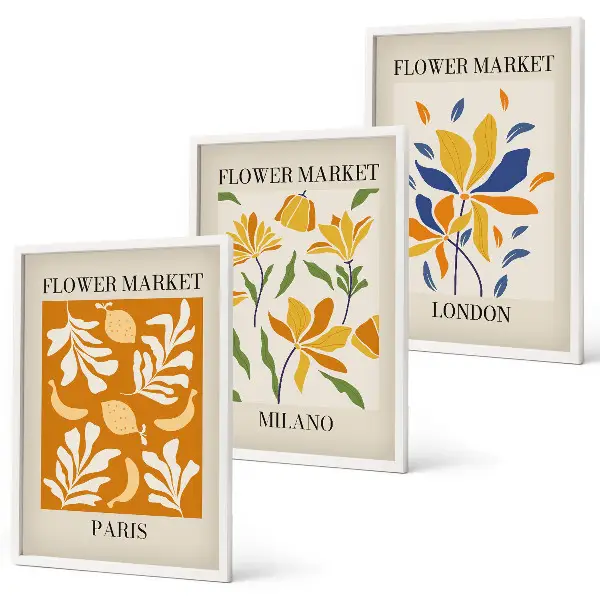 Gerahmtes Bilderset mit Blumenmotiven von Paris Mailand und London