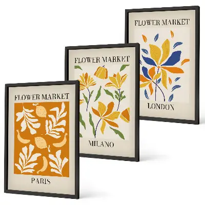 Gerahmtes Bilderset mit Blumenmotiven von Paris Mailand und London