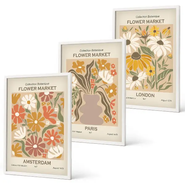 3er-Set Bilder mit Rahmen mit Blumenmustern von Amsterdam, Paris und London