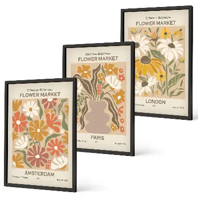 3er-Set Bilder mit Rahmen mit Blumenmustern von Amsterdam, Paris und London