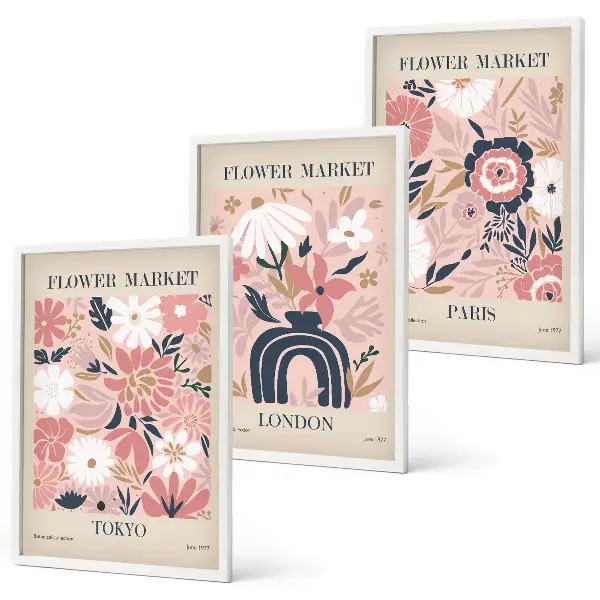 Gerahmtes Bilderset mit Blumenmotiven von Tokio, London und Paris