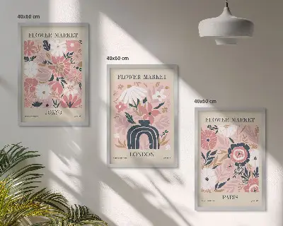 Gerahmtes Bilderset mit Blumenmotiven von Tokio, London und Paris