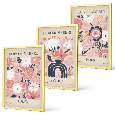 Gerahmtes Bilderset mit Blumenmotiven von Tokio, London und Paris