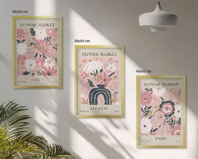 Gerahmtes Bilderset mit Blumenmotiven von Tokio, London und Paris