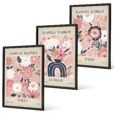 Gerahmtes Bilderset mit Blumenmotiven von Tokio, London und Paris