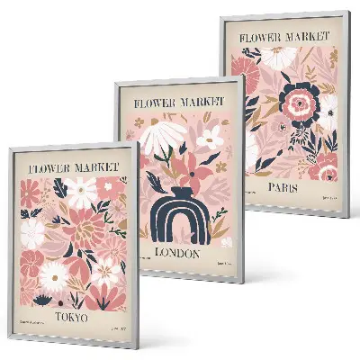 Gerahmtes Bilderset mit Blumenmotiven von Tokio, London und Paris