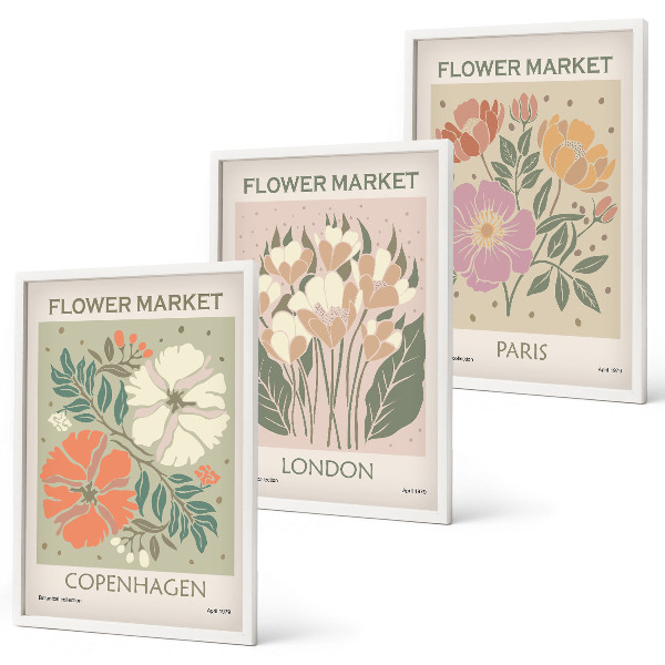Bilder-3er-set mit rahmen Blumenposter Kopenhagen London Paris
