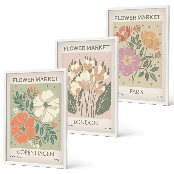 3er-Set Blumenposter Kopenhagen London Paris mit Rahmen