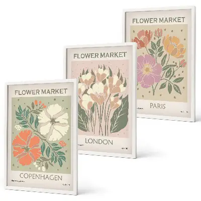 3er-Set Blumenposter Kopenhagen London Paris mit Rahmen