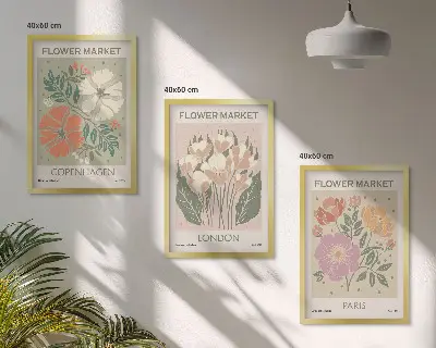 3er-Set Blumenposter Kopenhagen London Paris mit Rahmen