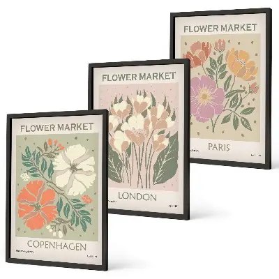 3er-Set Blumenposter Kopenhagen London Paris mit Rahmen