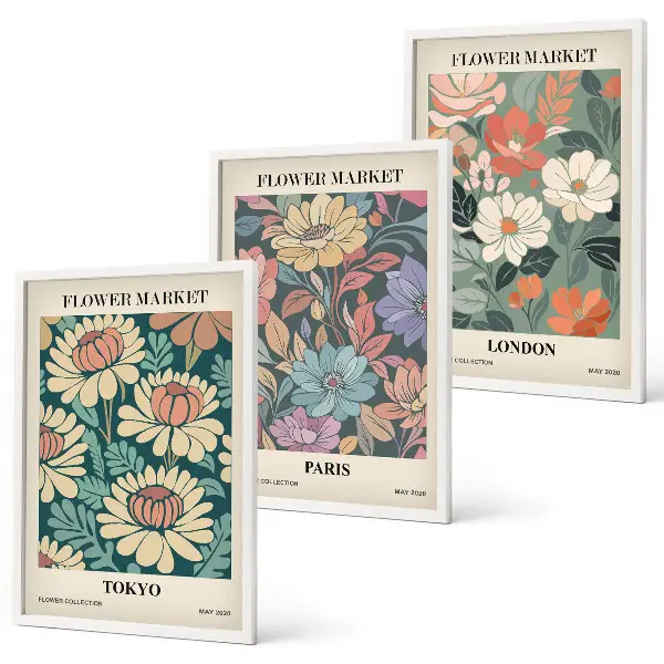 Gerahmtes Bilderset mit Blumenmotiven von Tokio Paris und London
