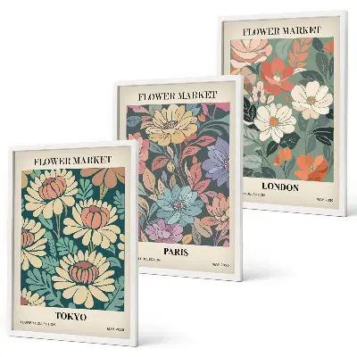Gerahmtes Bilderset mit Blumenmotiven von Tokio Paris und London