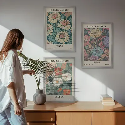 Gerahmtes Bilderset mit Blumenmotiven von Tokio Paris und London