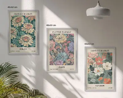 Gerahmtes Bilderset mit Blumenmotiven von Tokio Paris und London