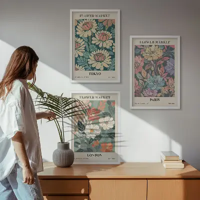 Gerahmtes Bilderset mit Blumenmotiven von Tokio Paris und London