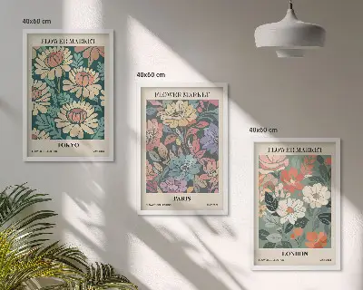 Gerahmtes Bilderset mit Blumenmotiven von Tokio Paris und London