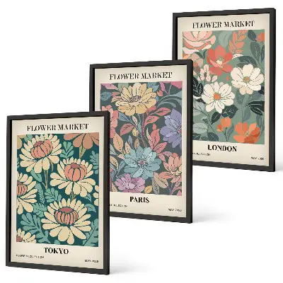 Gerahmtes Bilderset mit Blumenmotiven von Tokio Paris und London