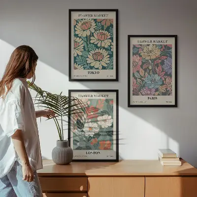 Gerahmtes Bilderset mit Blumenmotiven von Tokio Paris und London