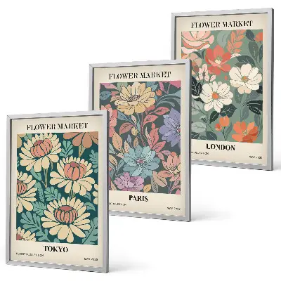 Gerahmtes Bilderset mit Blumenmotiven von Tokio Paris und London