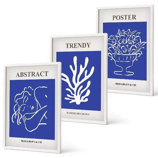 Stilvolle blaue Poster 3er-Set mit Rahmen