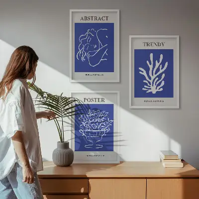 Stilvolle blaue Poster 3er-Set mit Rahmen