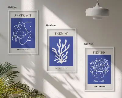 Stilvolle blaue Poster 3er-Set mit Rahmen