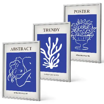 Stilvolle blaue Poster 3er-Set mit Rahmen