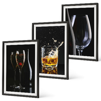 Bilder-3er-set mit rahmen Weingläser und Whiskygläser auf schwarzem Hintergrund