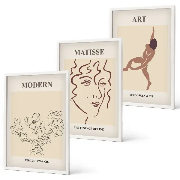 3er-Set Wandbilder mit Rahmen stilvolle Grafiken mit Blumen- und Figuren-Motiven