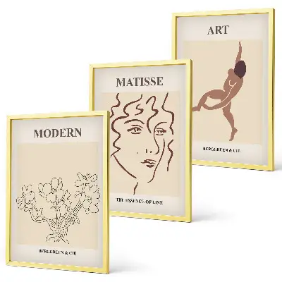 3er-Set Wandbilder mit Rahmen stilvolle Grafiken mit Blumen- und Figuren-Motiven