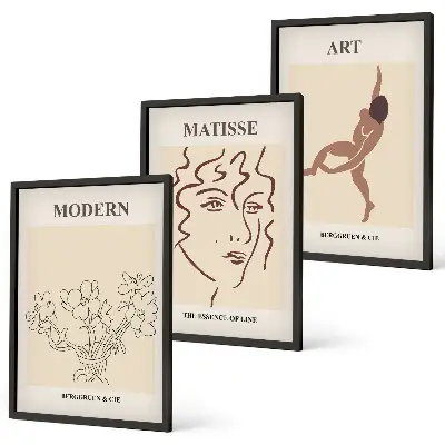 3er-Set Wandbilder mit Rahmen stilvolle Grafiken mit Blumen- und Figuren-Motiven