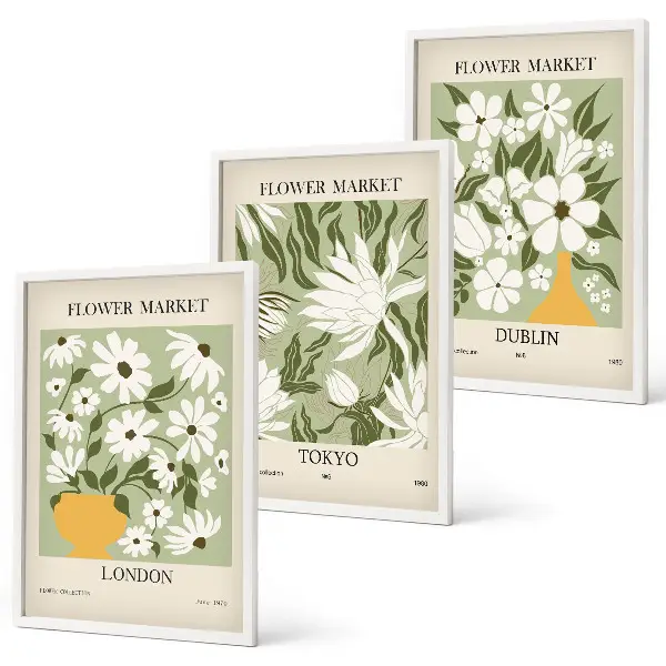 3er-Set Wandbilder mit Rahmen mit Blumenmuster in den Motiven London, Tokio und Dublin