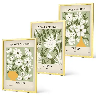 3er-Set Wandbilder mit Rahmen mit Blumenmuster in den Motiven London, Tokio und Dublin