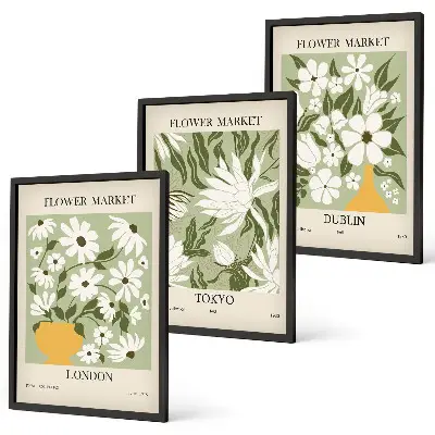3er-Set Wandbilder mit Rahmen mit Blumenmuster in den Motiven London, Tokio und Dublin
