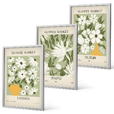 3er-Set Wandbilder mit Rahmen mit Blumenmuster in den Motiven London, Tokio und Dublin