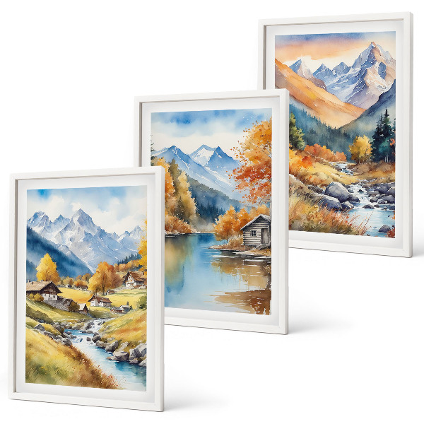 Bilder-3er-set mit rahmen Herbstliche Berge, Flusshäuser