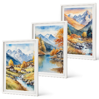 Bilder-3er-set mit rahmen Herbstliche Berge, Flusshäuser