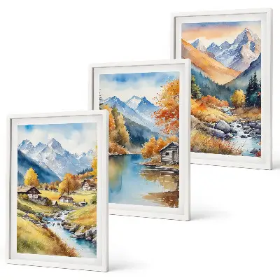 Bilder-3er-Set mit Rahmen herbstliche Berge und Flusshäuser