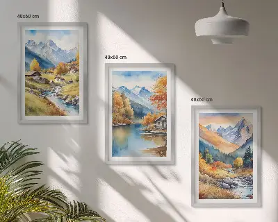 Bilder-3er-Set mit Rahmen herbstliche Berge und Flusshäuser