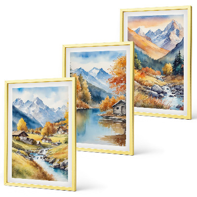 Bilder-3er-set mit rahmen Herbstliche Berge, Flusshäuser