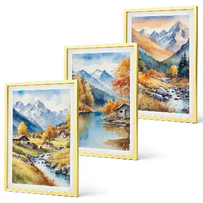 Bilder-3er-Set mit Rahmen herbstliche Berge und Flusshäuser