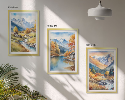 Bilder-3er-set mit rahmen Herbstliche Berge, Flusshäuser