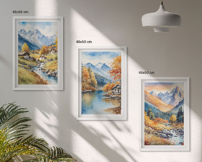 Bilder-3er-set mit rahmen Herbstliche Berge, Flusshäuser