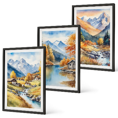 Bilder-3er-set mit rahmen Herbstliche Berge, Flusshäuser