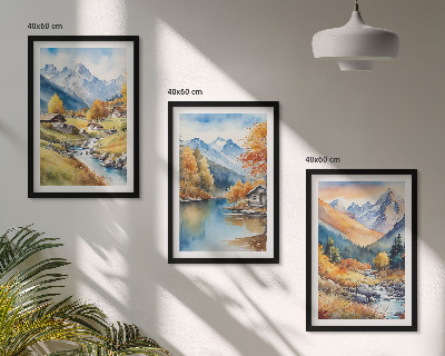 Bilder-3er-set mit rahmen Herbstliche Berge, Flusshäuser