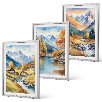 Bilder-3er-set mit rahmen Herbstliche Berge, Flusshäuser