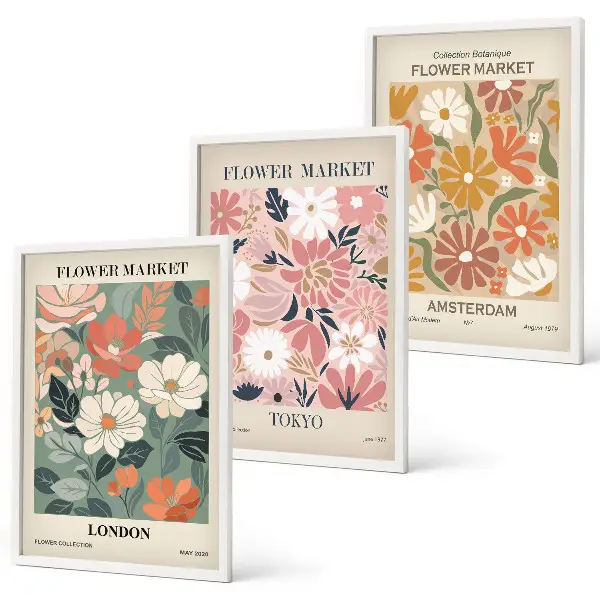 Gerahmtes Bilderset mit Blumenmuster in den Motiven London Tokio und Amsterdam